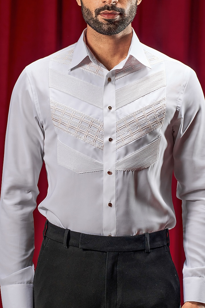 White Cotton Blend Embroidered Party Wear Shirt by Philocaly at Pernia's Pop Up Shop