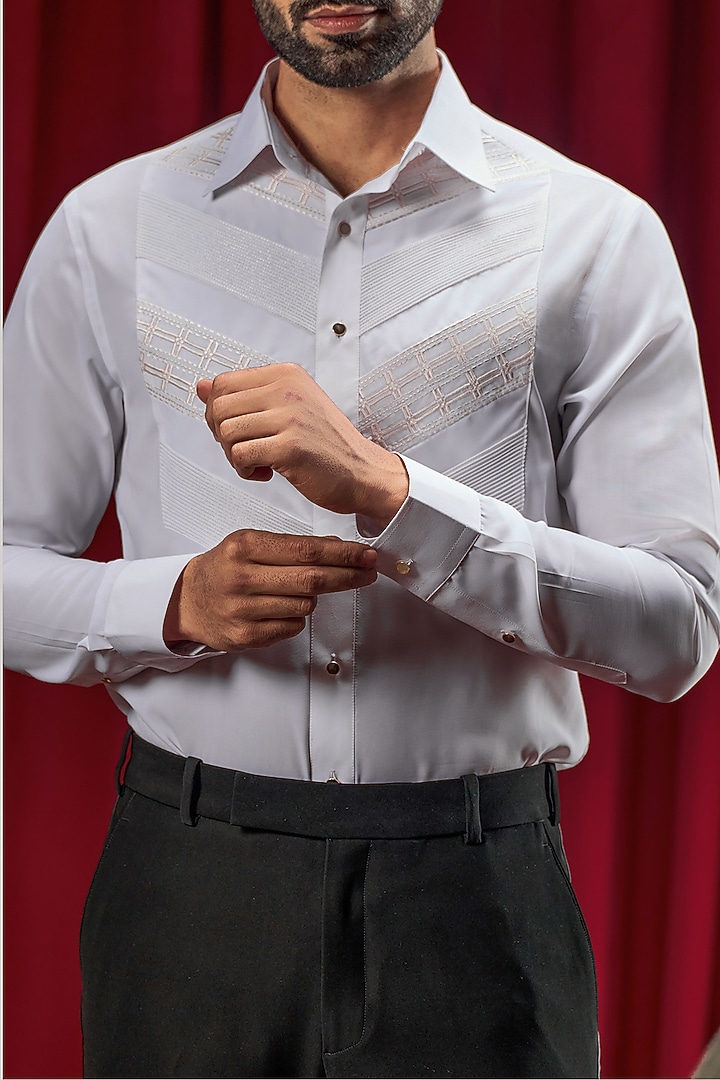 White Cotton Blend Embroidered Party Wear Shirt by Philocaly at Pernia's Pop Up Shop