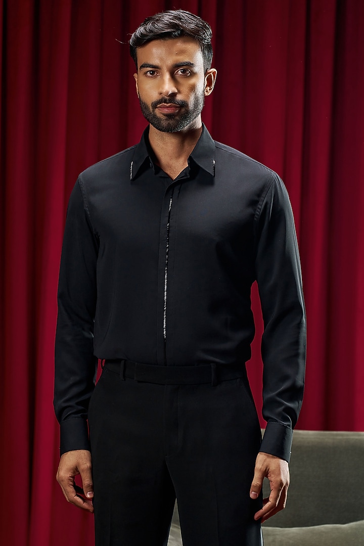 Black Cotton Blend Bead Embroidered Party Wear Shirt  by Philocaly at Pernia's Pop Up Shop