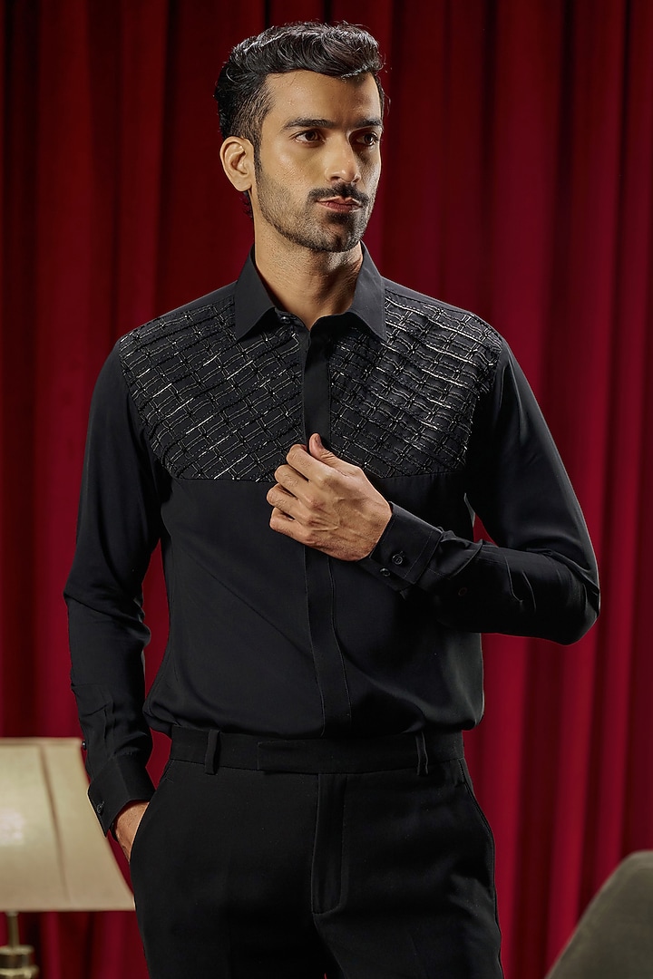Black Cotton Blend Embroidered Party Wear Shirt  by Philocaly at Pernia's Pop Up Shop