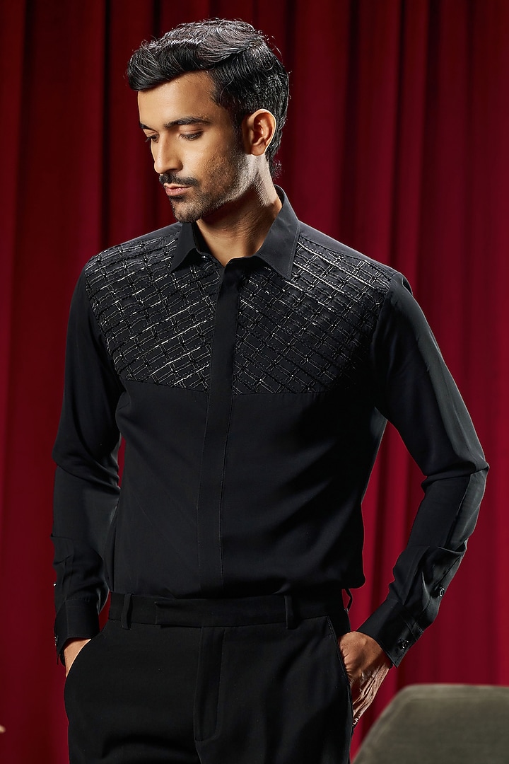 Black Cotton Blend Embroidered Party Wear Shirt by Philocaly at Pernia's Pop Up Shop