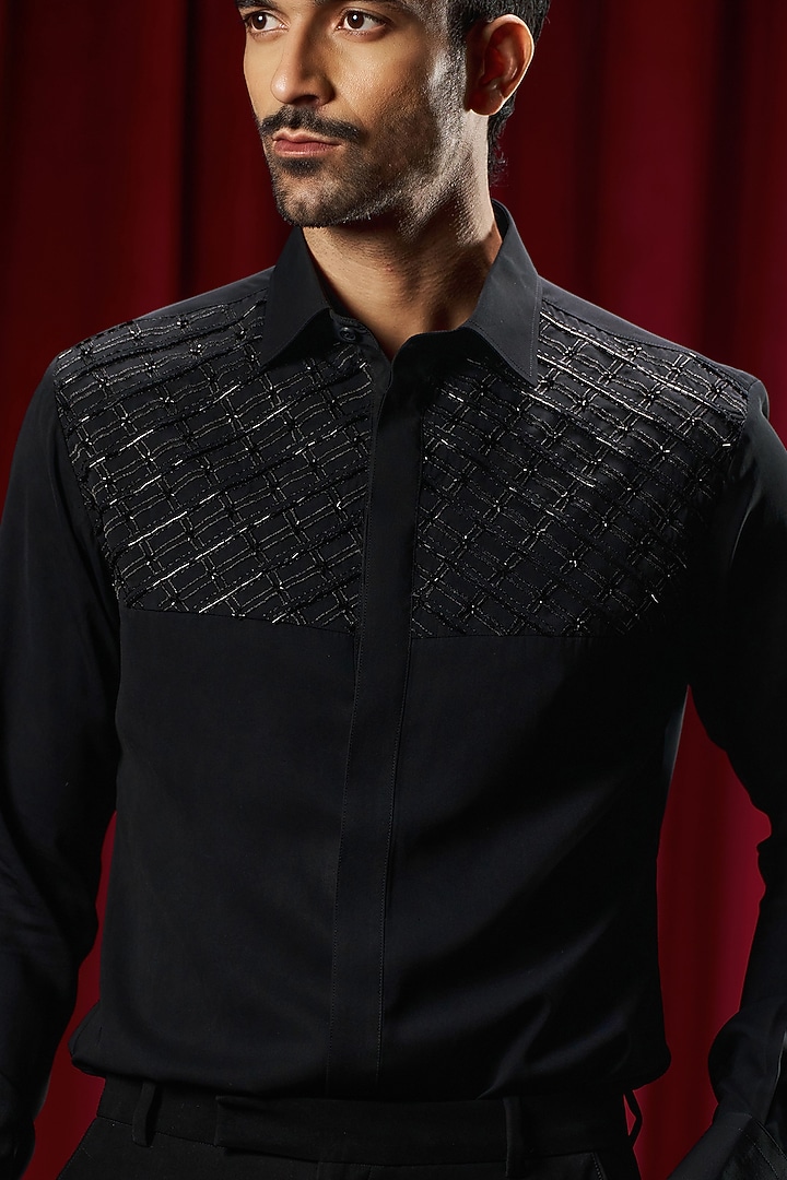 Black Cotton Blend Embroidered Party Wear Shirt by Philocaly at Pernia's Pop Up Shop