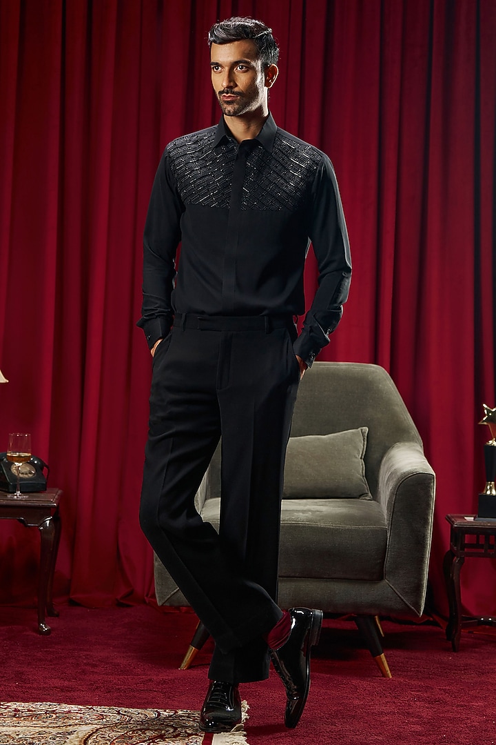 Black Cotton Blend Embroidered Party Wear Shirt by Philocaly at Pernia's Pop Up Shop
