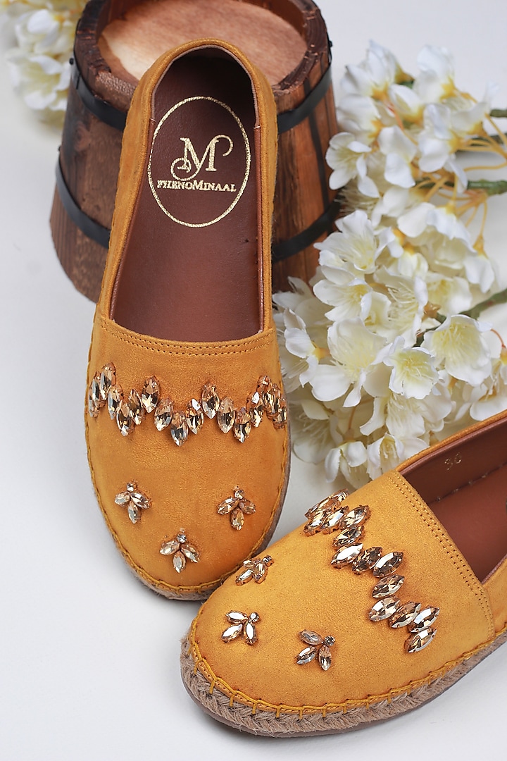 Mustard Hand Embroidered Espadrilles by PHENOMINAAL