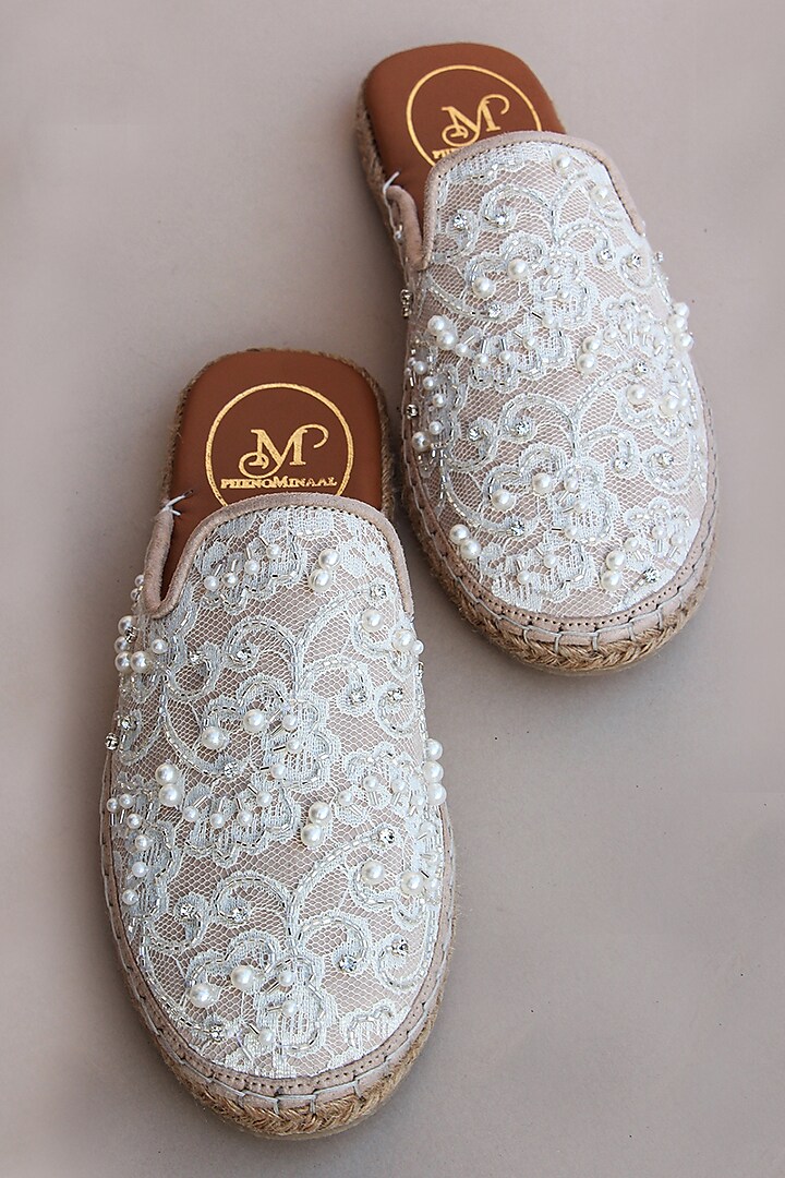 White & Beige Embroidered Espadrille Mules by PHENOMINAAL