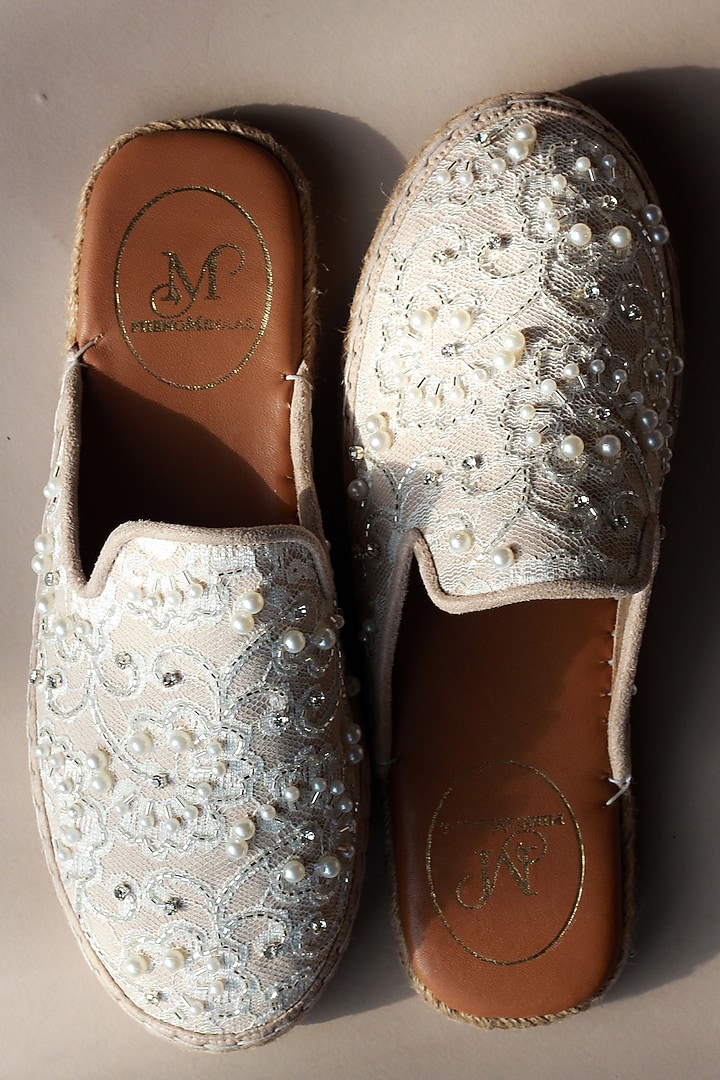 White & Beige Embroidered Espadrille Mules by PHENOMINAAL at Pernia's Pop Up Shop