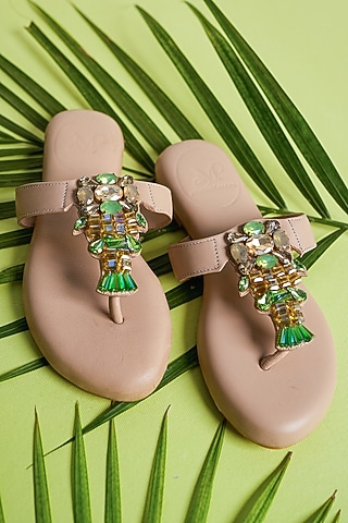 Nude Hand Embroidered Slides by PHENOMINAAL