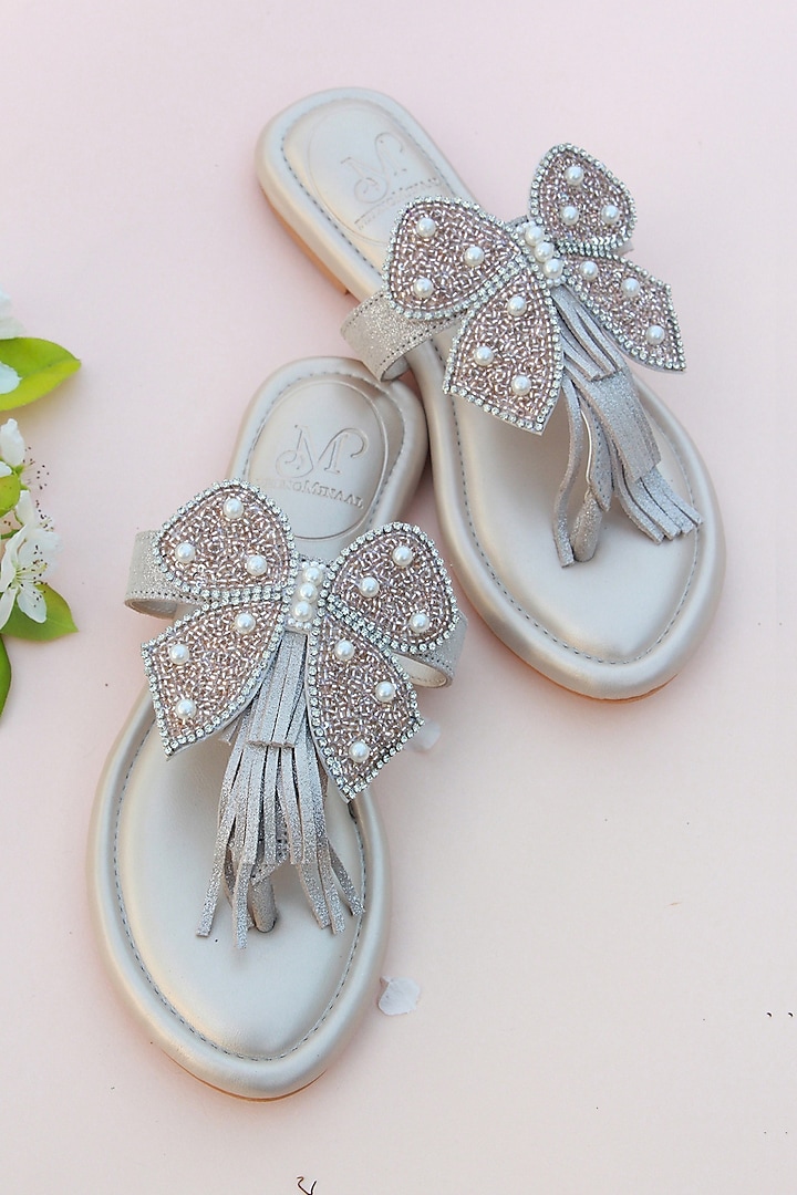 Silver Hand Embroidered Slides by PHENOMINAAL