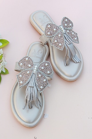 Silver Hand Embroidered Slides by PHENOMINAAL