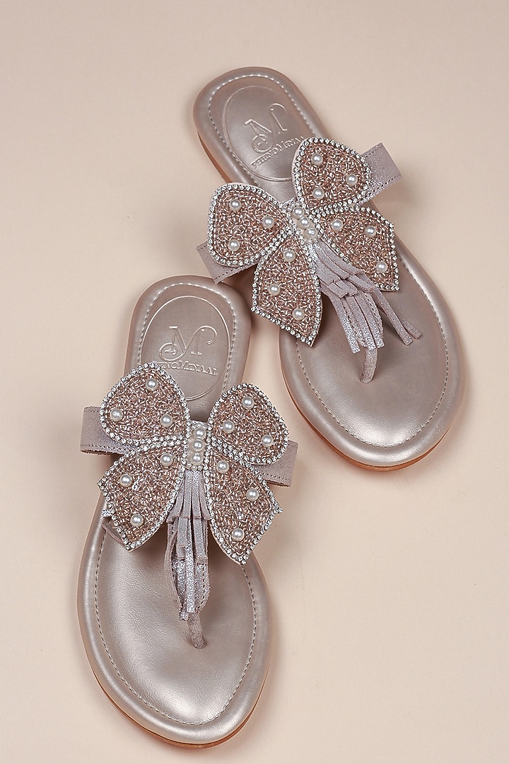 Silver Hand Embroidered Slides by PHENOMINAAL at Pernia's Pop Up Shop