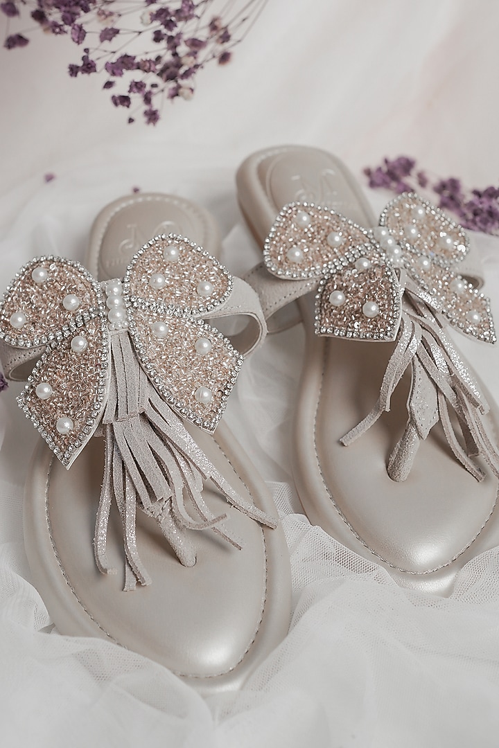Silver Hand Embroidered Slides by PHENOMINAAL at Pernia's Pop Up Shop