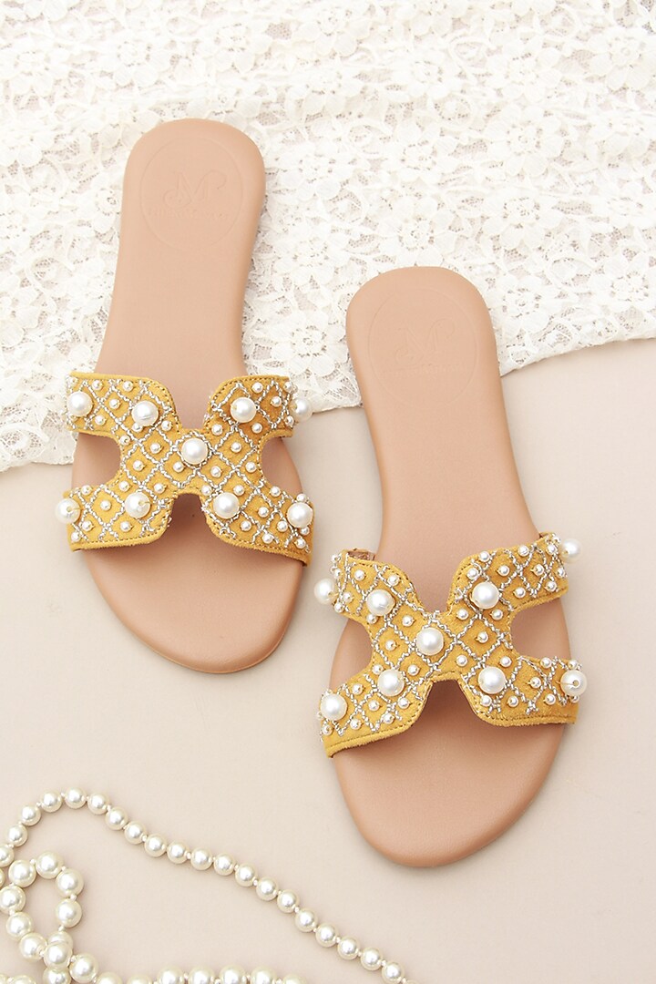 Yellow Hand Embroidered Slides by PHENOMINAAL at Pernia's Pop Up Shop