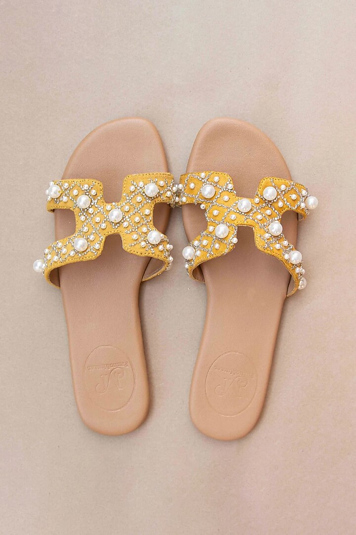 Yellow Hand Embroidered Slides by PHENOMINAAL at Pernia's Pop Up Shop