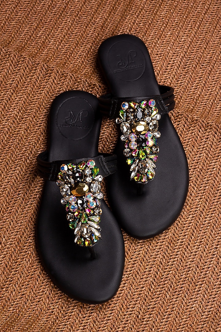Black Leather Slides by PHENOMINAAL at Pernia's Pop Up Shop