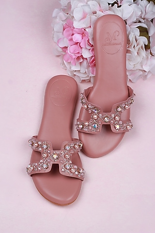 Old Rose Pink Embroidered Slides by PHENOMINAAL