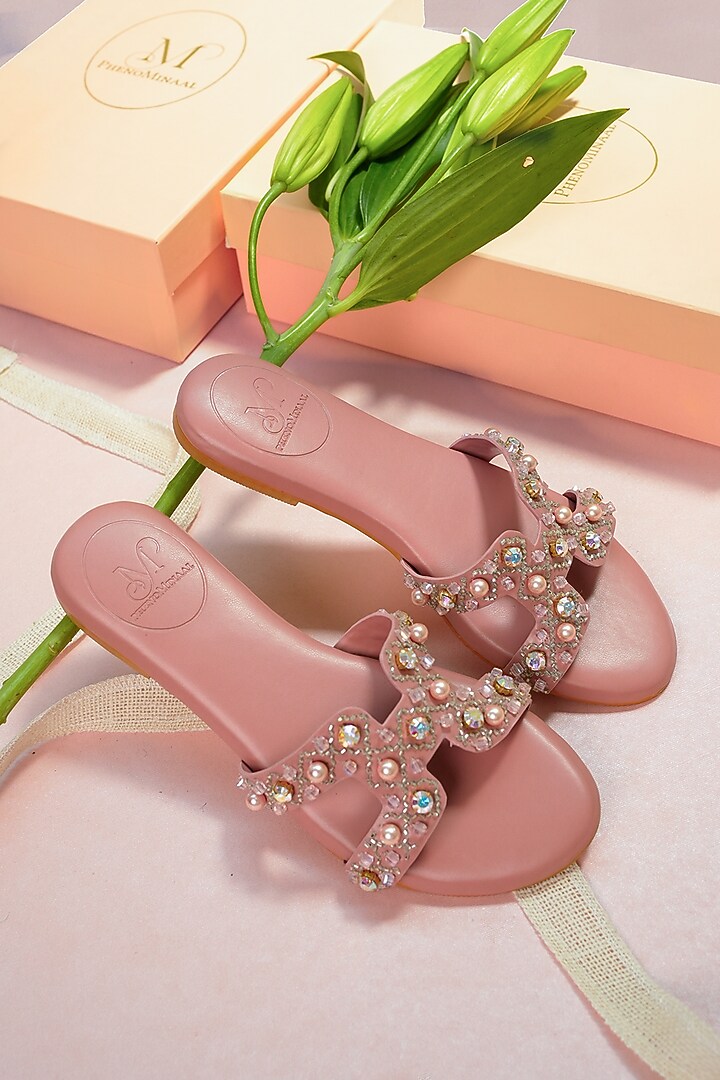Old Rose Pink Embroidered Slides by PHENOMINAAL at Pernia's Pop Up Shop