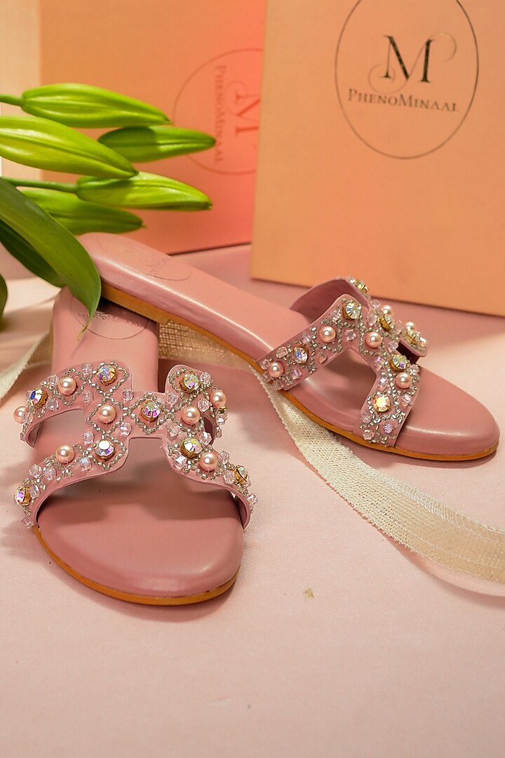 Old Rose Pink Embroidered Slides by PHENOMINAAL at Pernia's Pop Up Shop