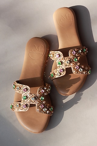 Camel Hand Embroidered Slides by PHENOMINAAL