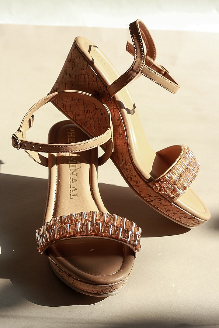Camel Vegan Leather Wedge Heels by PHENOMINAAL at Pernia's Pop Up Shop