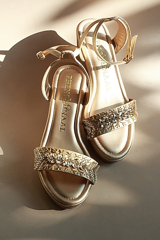 Gold Vegan Leather Wedge Heels by PHENOMINAAL