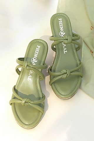 Green Vegan Leather Wedge Heels by PHENOMINAAL