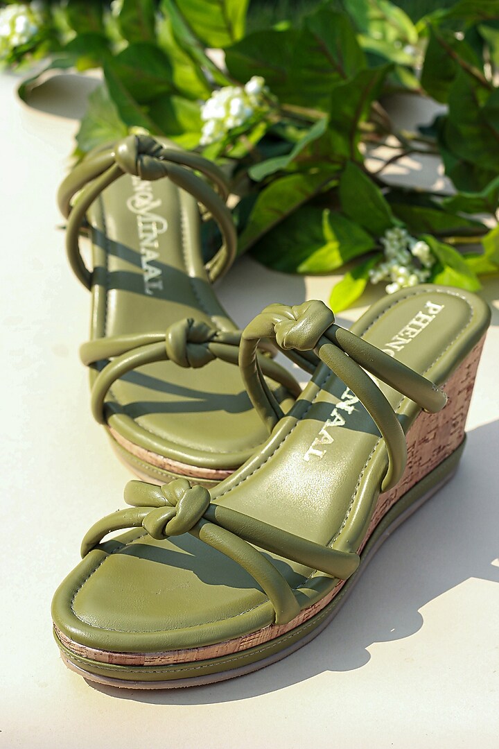 Green Vegan Leather Wedge Heels by PHENOMINAAL at Pernia's Pop Up Shop