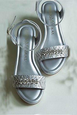 Silver Hand Embroidered Wedge Heels by PHENOMINAAL