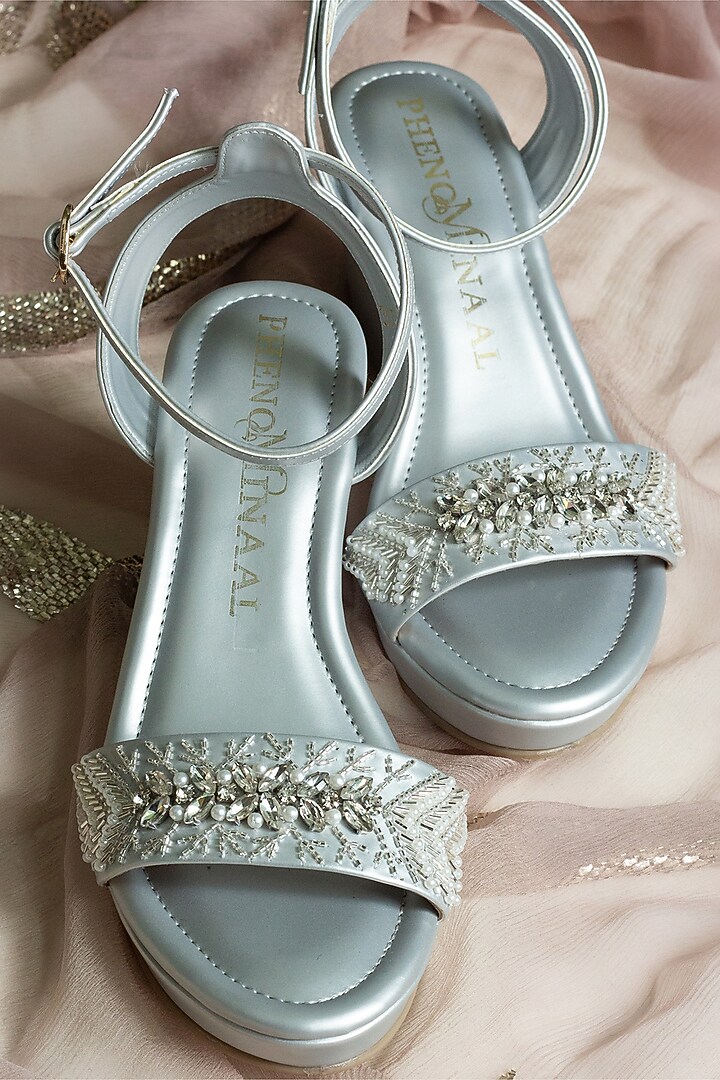 Silver Hand Embroidered Wedge Heels by PHENOMINAAL at Pernia's Pop Up Shop
