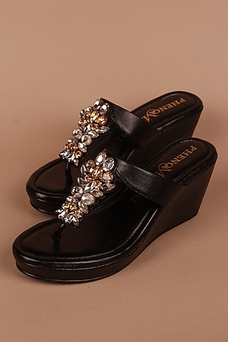 Black Leather Embroidered Wedge Heels by PHENOMINAAL