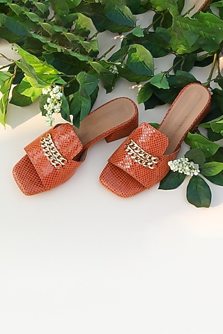Orange Leather Block Heels by PHENOMINAAL