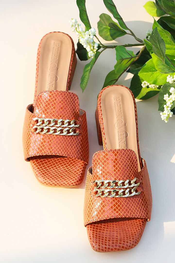 Orange Leather Block Heels by PHENOMINAAL at Pernia's Pop Up Shop