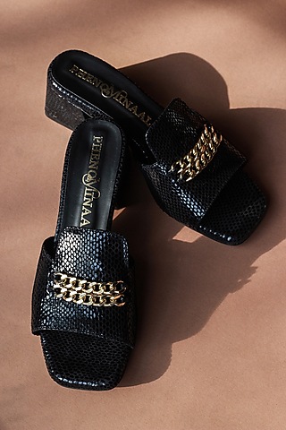 Black Leather Block Heels by PHENOMINAAL