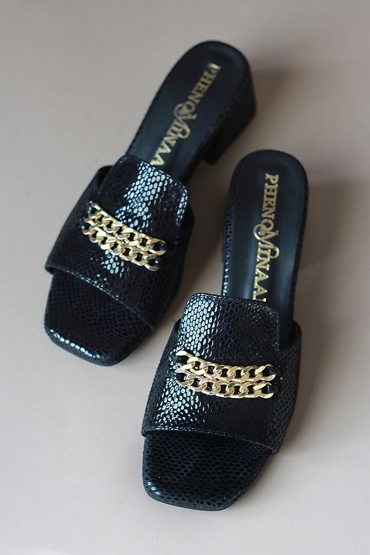 Black Leather Block Heels by PHENOMINAAL at Pernia's Pop Up Shop
