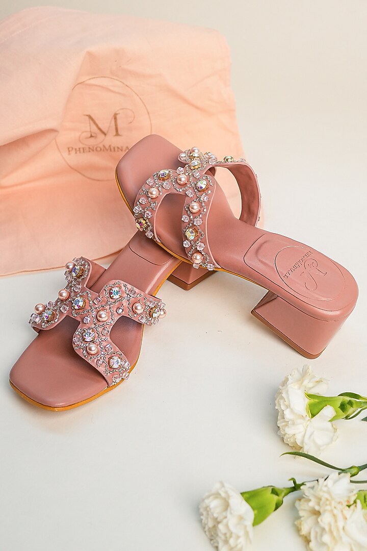 Pink Embroidered Block Heels by PHENOMINAAL at Pernia's Pop Up Shop
