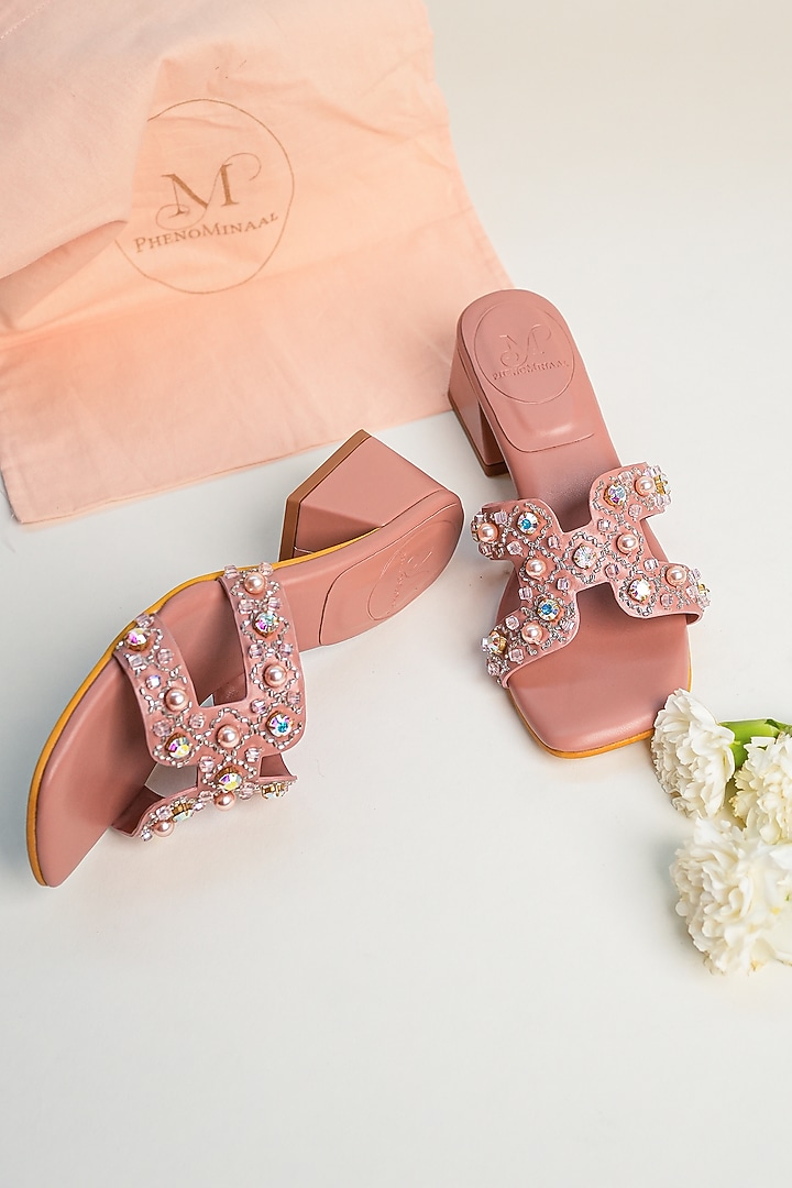 Pink Embroidered Block Heels by PHENOMINAAL at Pernia's Pop Up Shop