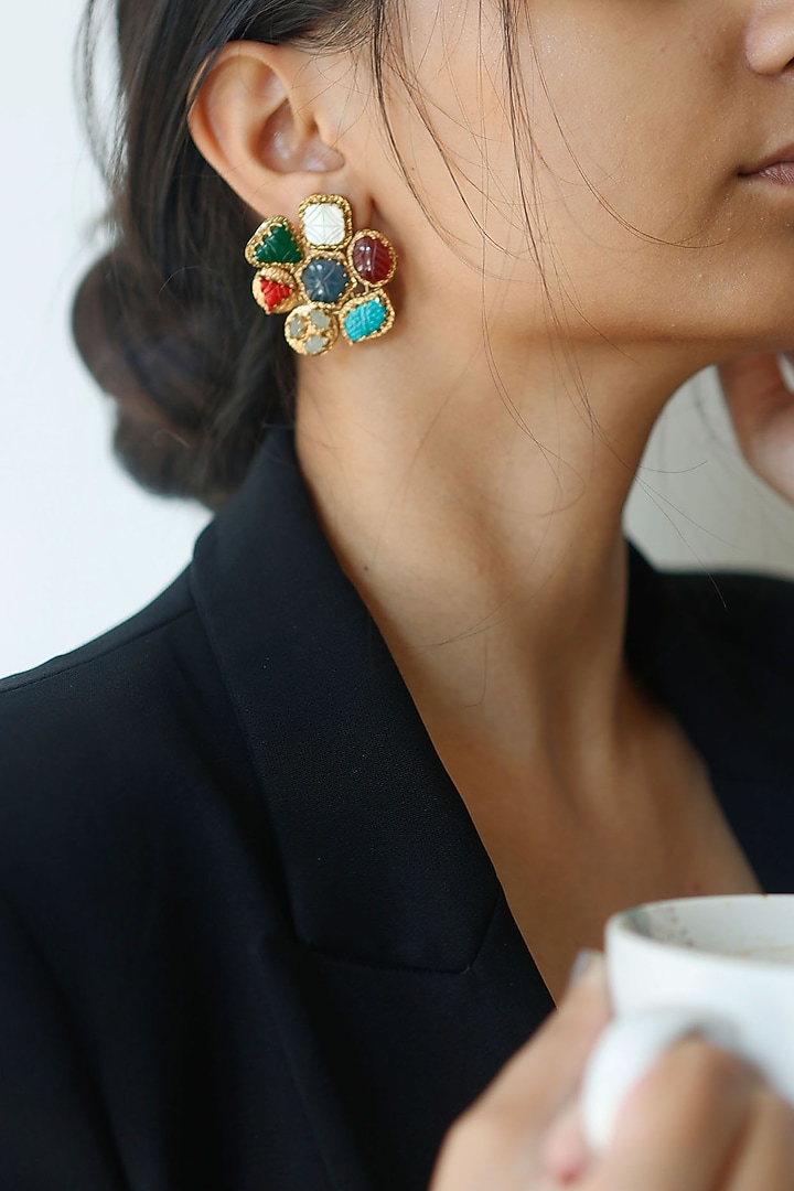 Gold Plated Acrylic Stone Stud Earrings by Do Taara at Pernia's Pop Up Shop