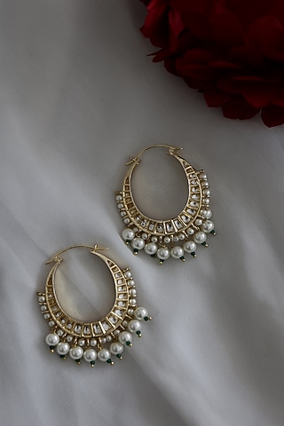 Gold Plated Kundan Polki & Pearl Hoop Earrings by Do Taara