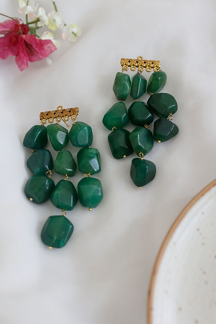 Gold Plated Green Natural Stone Dangler Earrings by Do Taara at Pernia's Pop Up Shop