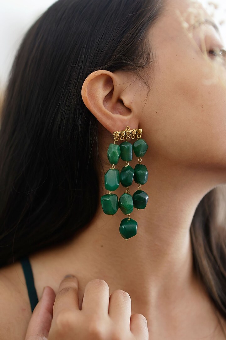 Gold Plated Green Natural Stone Dangler Earrings by Do Taara at Pernia's Pop Up Shop