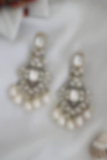 Black Rhodium Finish Polki & Pearl Dangler Earrings by Do Taara at Pernia's Pop Up Shop