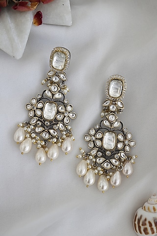 Black Rhodium Finish Polki & Pearl Dangler Earrings by Do Taara