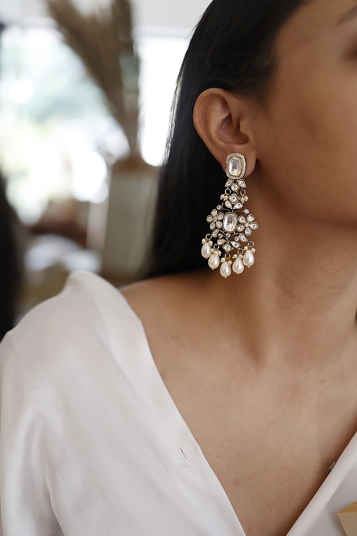 Black Rhodium Finish Polki & Pearl Dangler Earrings by Do Taara at Pernia's Pop Up Shop