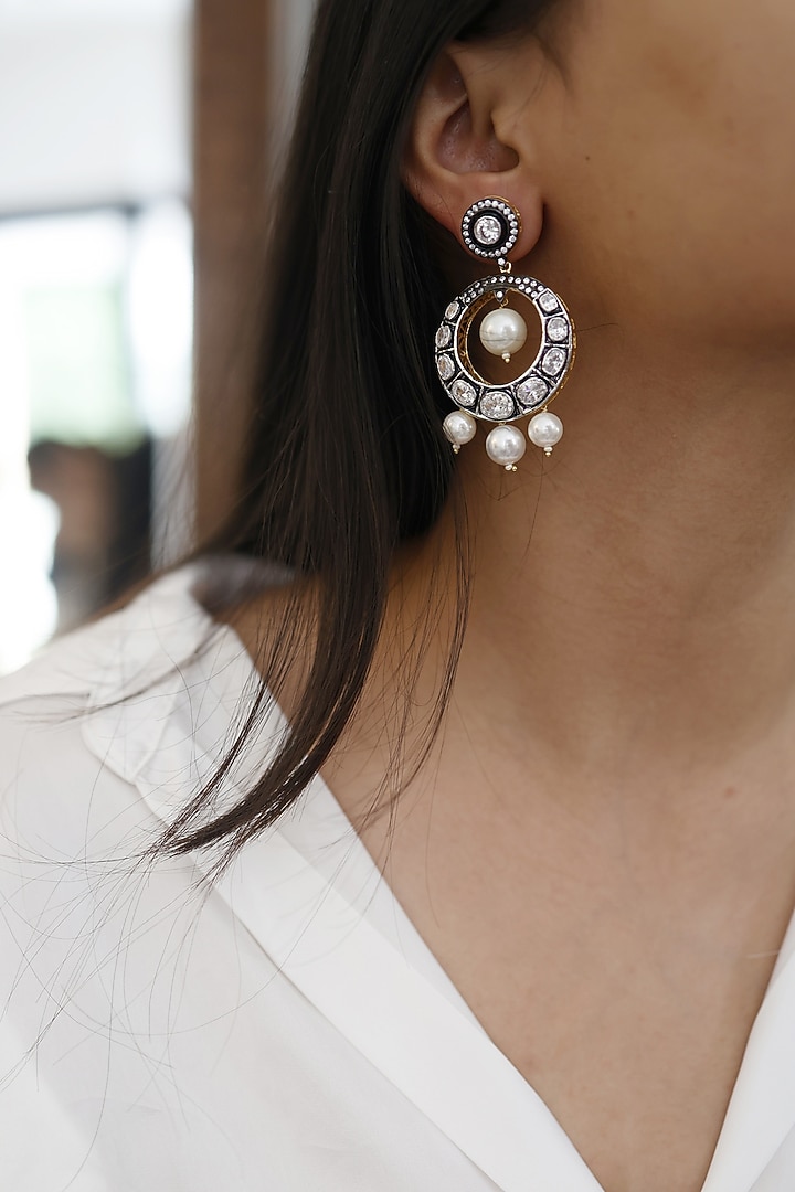 Black Rhodium Finish Pearl & Polki Chandbali Earrings by Do Taara at Pernia's Pop Up Shop