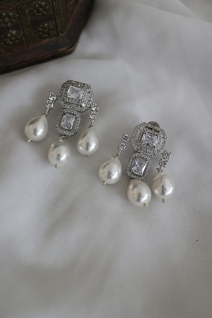 White Rhodium Finish Faux Diamond Dangler Earrings by Do Taara