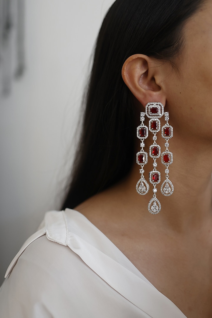 White Rhodium Finish Swarovski Crystal Dangler Earrings by Do Taara at Pernia's Pop Up Shop