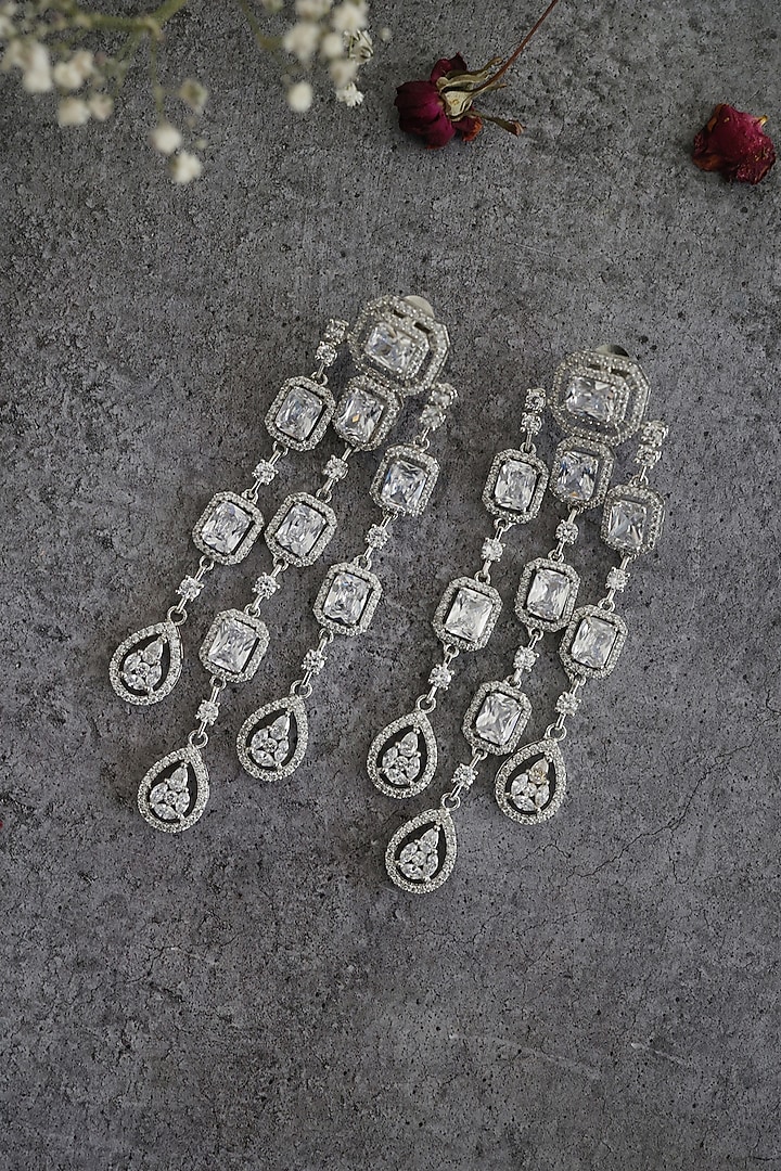 White Rhodium Finish Cubic Zirconia & Swarovski Crystal Victorian Earrings by Do Taara at Pernia's Pop Up Shop