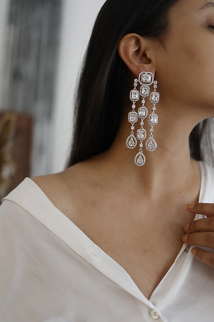 White Rhodium Finish Cubic Zirconia & Swarovski Crystal Victorian Earrings by Do Taara at Pernia's Pop Up Shop