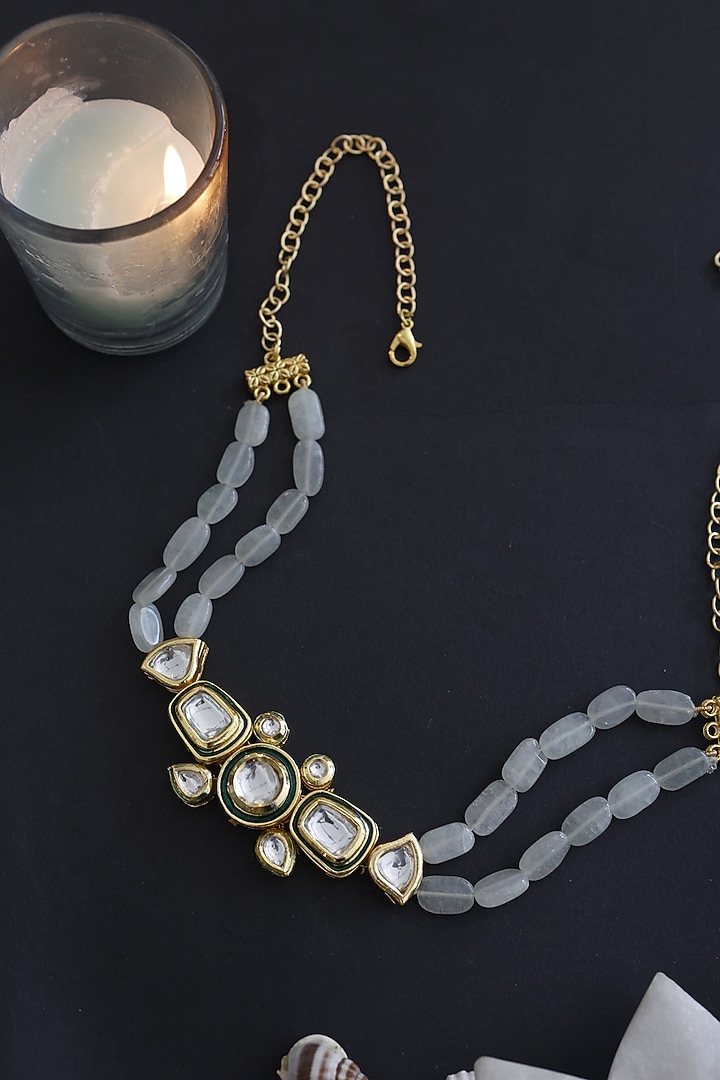 Gold Plated Mint Green Natural Stone & Kundan Necklace by Do Taara at Pernia's Pop Up Shop