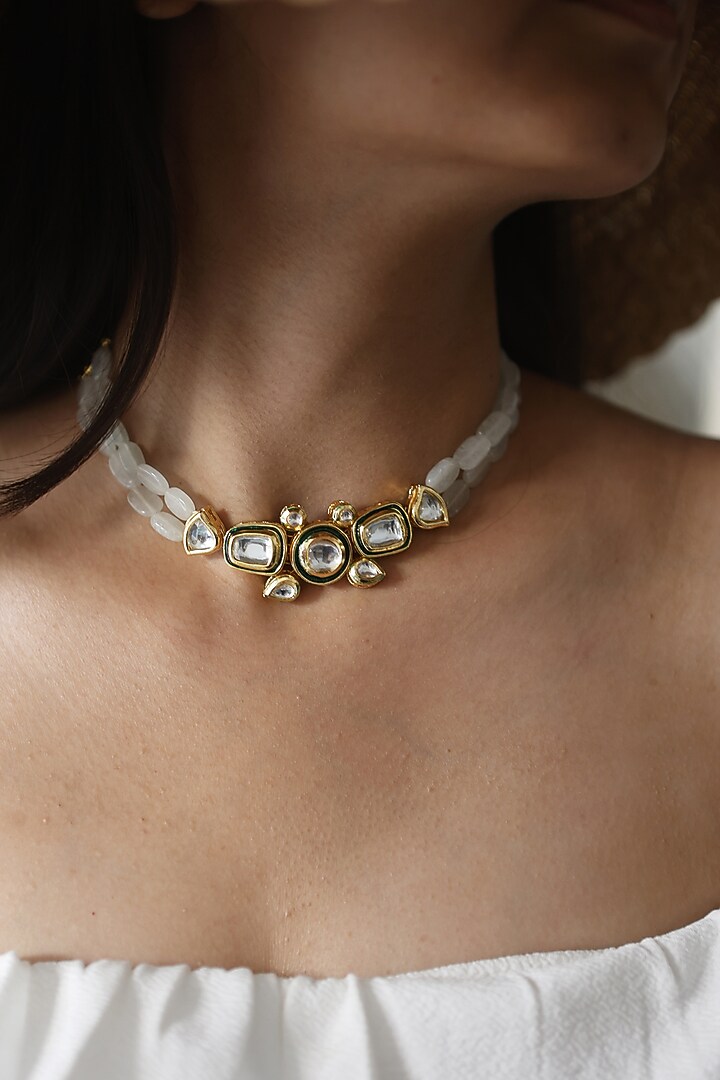 Gold Plated Mint Green Natural Stone & Kundan Necklace by Do Taara at Pernia's Pop Up Shop