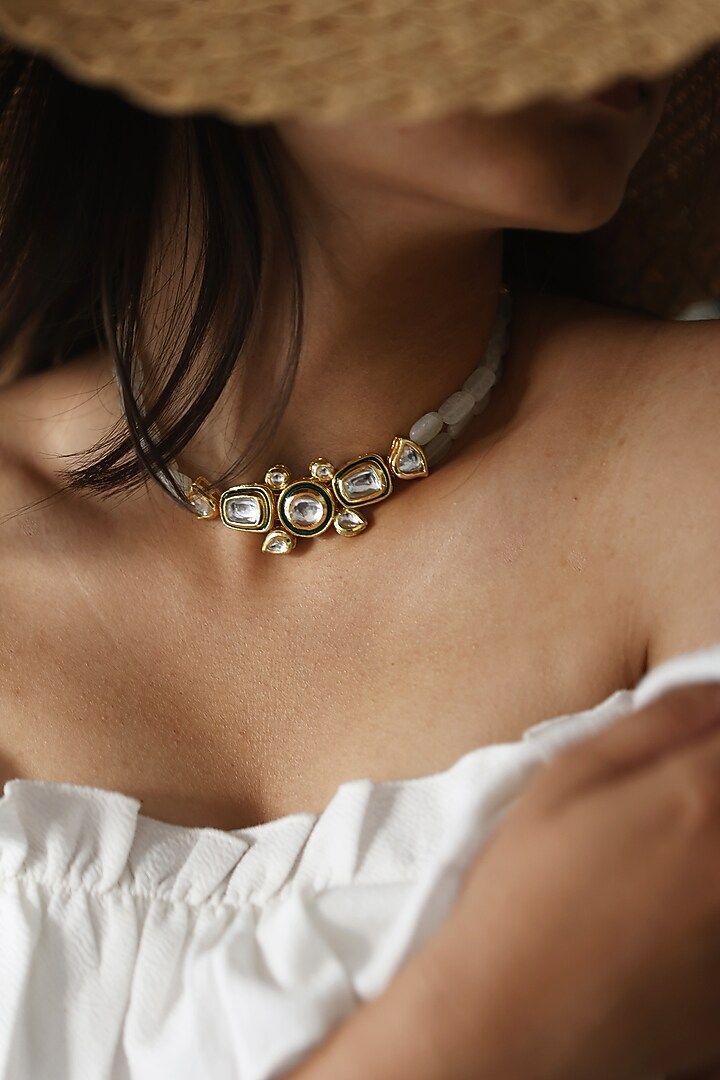 Gold Plated Mint Green Natural Stone & Kundan Necklace by Do Taara at Pernia's Pop Up Shop